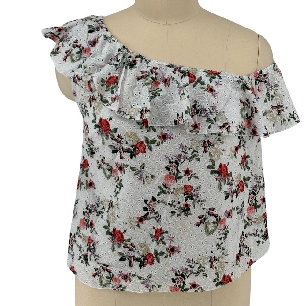 INC One Shoulder Blouse White Floral Eyelet Ruffle 100% Cotton 2X